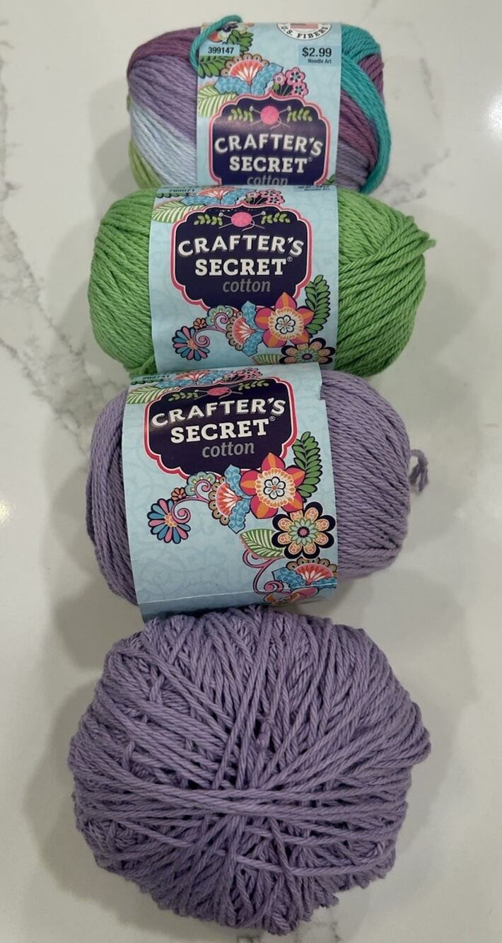 Crafter’s Secret Cotton Yarn Mixed Lot 4 Skeins 54 Green 32 Purple 146 Varigated